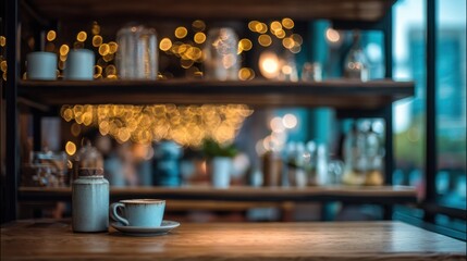 A warm and inviting atmosphere features a wooden table with a cup of coffee and a small jug. Soft glowing lights create a comforting backdrop enhancing the cozy vibe of the cafe.