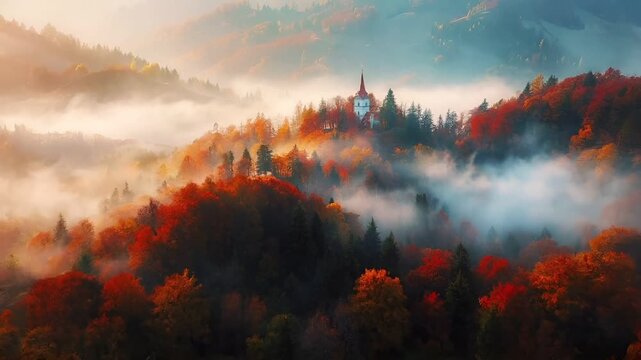 Aerial view of autumnal landscape with church amidst misty mountains and trees, bathed in the golden light of the setting or rising sun.