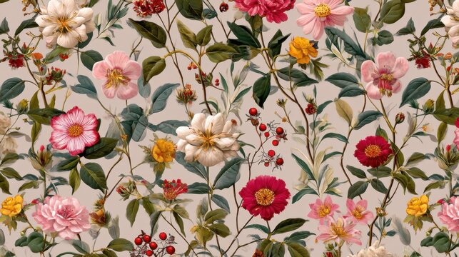 A detailed floral pattern showcases a variety of colorful flowers and green leaves. The design features blooms in shades of pink red and yellow against a soft neutral backdrop.