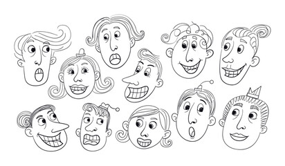 Diverse Cartoon Faces Expressing Various Emotions In Line Art Style head person