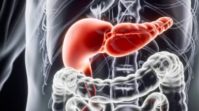 Anatomical rendering showcasing the pancreas liver and intestines in a detailed medical illustration