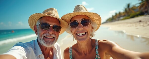 Senior couple takes selfie on sandy beach. Elderly man and woman enjoy vacation at sea resort. They wear sunglasses and hat. Blue sky and turquoise ocean are visible.
