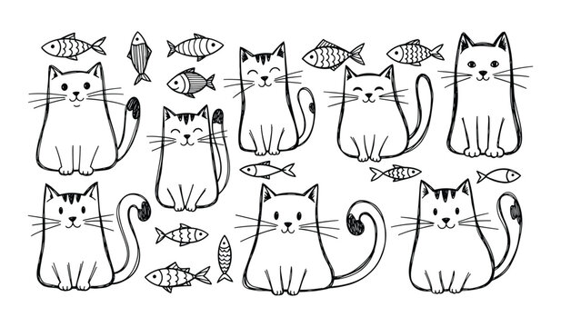 Hand Drawn Cute Cats and Fish Doodles on White Background kitten feline