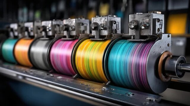 Industrial close-up of printing press rollers with vibrant colors in operation