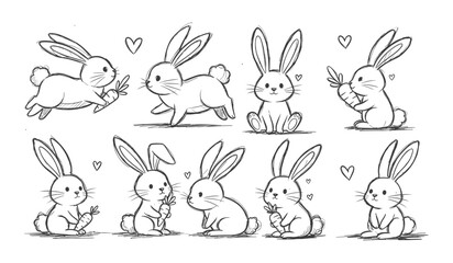 Playful Hand Drawn Bunnies With Carrots And Hearts In Sketchy Style bunny rabbit