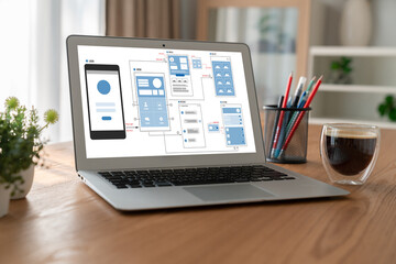 Fototapeta premium UX UI design process for modish mobile application and website . Creative prototype of wireframe for professional app developer .