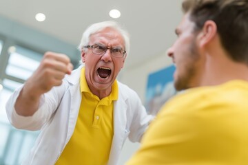Obraz premium Furious Senior Doctor Threatening a Young Male Patient