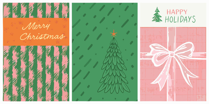 Festive christmas cards with holiday greetings trees and gift illustrations