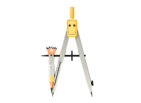 Golden and silver drawing compass with pencil isolated on transparent background