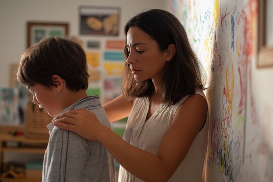 Frustrated Mother Comforting Her Sad Son During a Therapy Session - Powered by Adobe