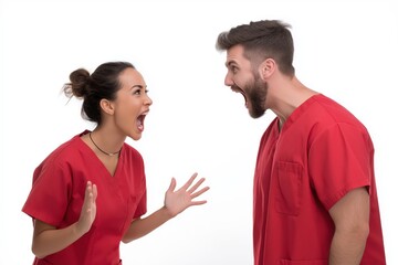 Two Female and Male Doctors in Red Scrubs Arguing Angrily