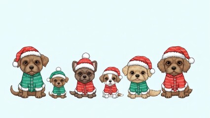 Adorable puppy Christmas parade in festive hats and sweaters, a heartwarming holiday scene full of joy and canine charm for your seasonal designs