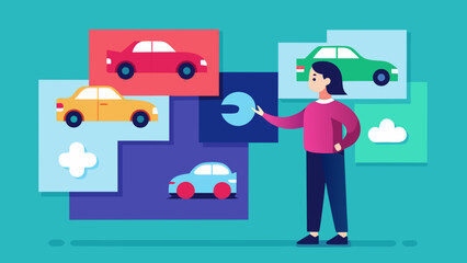 Woman choosing a car for purchase in flat modern interface with multiple vehicle options on screen