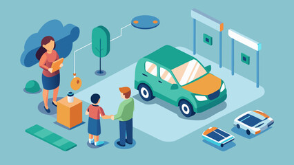 Couple buying a new car in modern dealership with saleswoman and digital services around
