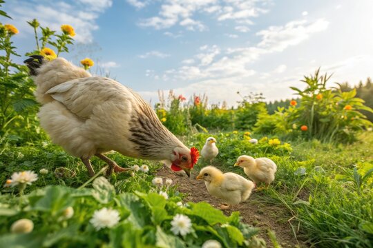 Chickens and Ducklings Enjoy a Sunny Spring Day in a Vibrant Garden