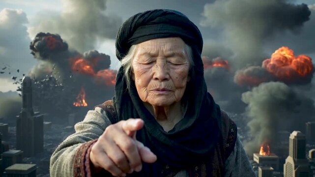 An old clairvoyant woman casts spells with her eyes closed, while cities are destroyed in the background