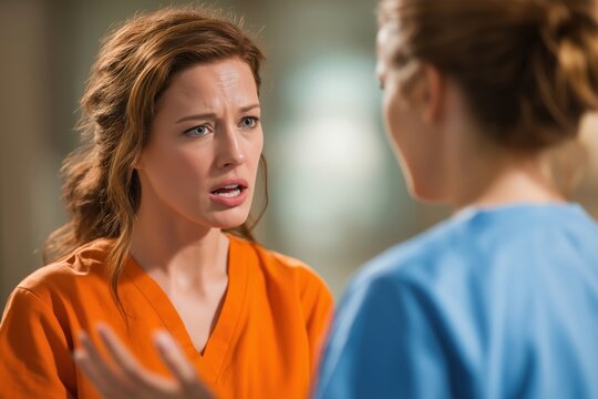 Upset Female Patient in Orange Scrubs Arguing with a Nurse