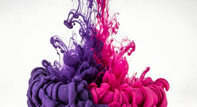 Abstract purple and pink ink swirling together in water against a bright white background closeup view ai generated