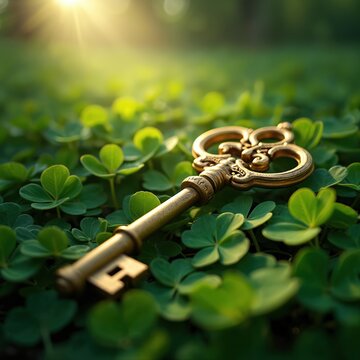 Golden antique key rests on vibrant green shamrock clover patch. Sun shines warmly through foliage, creating soft focus effect. Symbol of luck opportunity and new beginnings, discovery awaits.