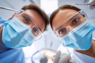 Naklejka premium Two Dentists in Masks Looking Down at a Scared Patient