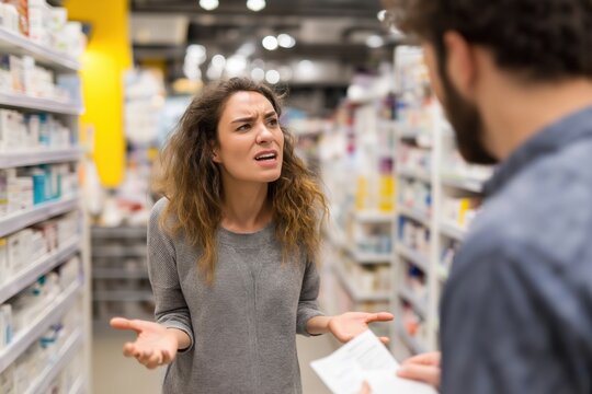 Frustrated Woman with Messy Hair Arguing with a Pharmacist