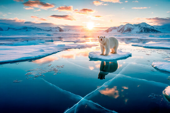 A polar bear stands on a small ice floe in the arctic ocean at sunset with mountains in the background The powerful image symbolizes climate change, vulnerability, and wilderness conservation