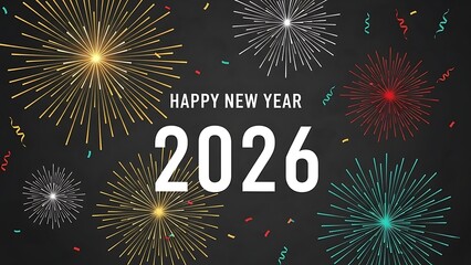 Happy new year 2026 celebration with colorful fireworks display on dark background