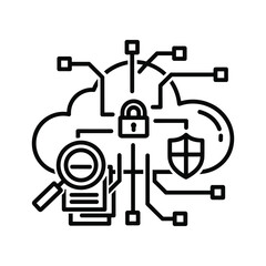 Cloud computing security concept with data protection, network defense, and information analysis elements