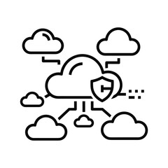 Cloud security network with data protection shield icon, representing secure digital infrastructure and distributed computing