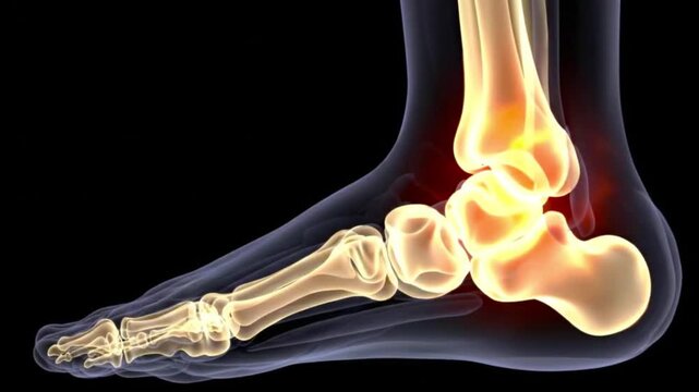 Anatomical rendering of a human foot showing bones and inflammation on a black background view side