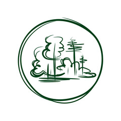 Forest logo. Eco icon, casually hand-drawn. Nature, greenery, trees, and bushes. Ecosystem.