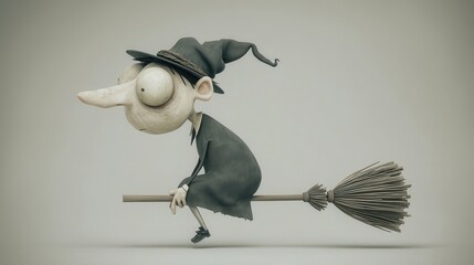 Whimsical Cartoon Witch Flying on Broomstick in a Playful Style