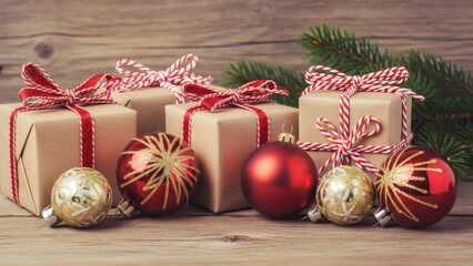 Charming Christmas presents with rustic charm and vibrant ornaments create a feeling of holiday magic and festive cheer for the season