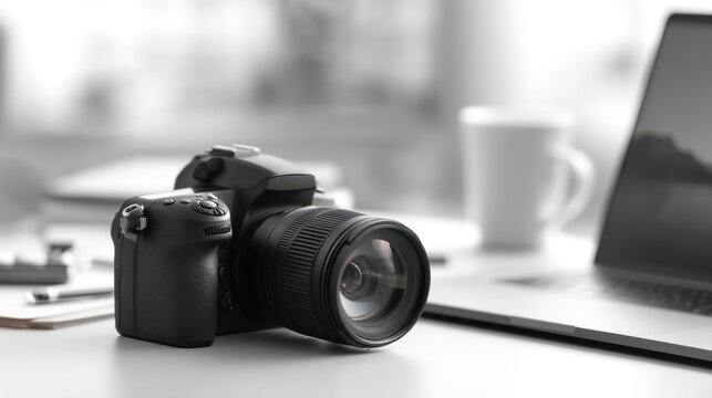 A digital camera sits on a clean workspace table next to a laptop and a steaming coffee cup. Soft light fills the room creating a calm atmosphere for creativity. - Powered by Adobe