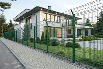Obraz premium Modern House With Green Fence and Landscaped Yard in Quiet Neighborhood
