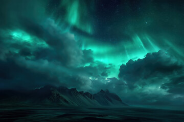 Northern lights aurora borealis over snowy mountains.