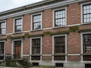 Fototapeta premium Historic Brick Building Facade with Large Windows and Mossy Stone Base