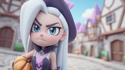 Cute cartoon witch with striking expression in a magical village scene
