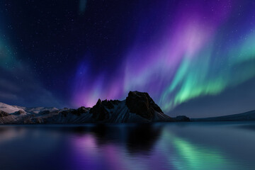 Aurora borealis, northern lights over a mountain lake in Iceland