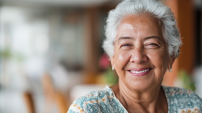 A cheerful senior woman with gray hair smiles warmly while seated indoors. She is surrounded by a bright and inviting cafe atmosphere filled with natural light and plants. - Powered by Adobe