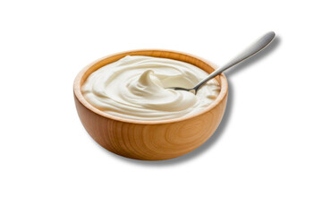Creamy Yogurt In Wooden Bowl With Spoon For Breakfast Or Dessert Delight.