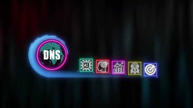 DNS shows glowing neon line banner of  concept with icons of responsibility, customers, integrity, goals, teamwork, commitment and innovation on virtual screen. technology background