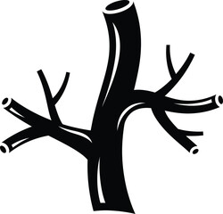 Stylized black and white illustration of a tree branch with smaller branches extending outward on a white background in a woodcut style
