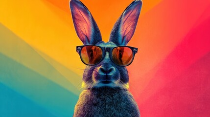 A rabbit stands confidently in sunglasses showcasing its playful personality. The bright rainbow background enhances the fun and energetic mood of the scene.