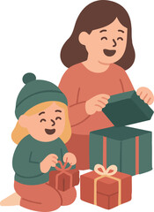 A smiling mother and child happily open Christmas presents together, sharing a warm and joyful holiday moment.