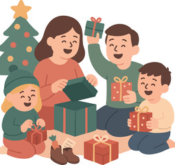 A cheerful family gathers around the Christmas tree, happily unwrapping gifts together in a warm and cozy holiday atmosphere.