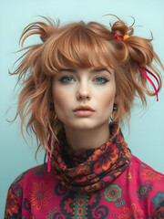 Escena kawaii: mujer hermosa con coletas messy y atuendo vibrante