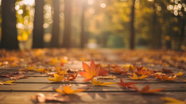 Autumn Leaves Scattered On Wooden Path In Warm Sunlight During Fall Season