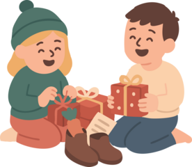 A smiling boy and girl excitedly open Christmas presents beside a pair of holiday boots filled with treats and a note.