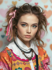 Belleza de coletas messy y ropa colorida en un escenario artístico kawaii